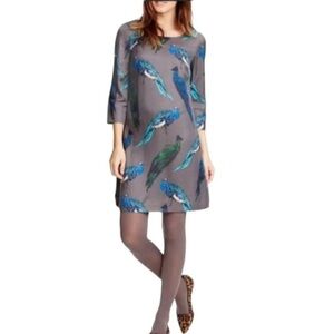 Boden Eliza Elegant silk blend Gray peacock Print Dress